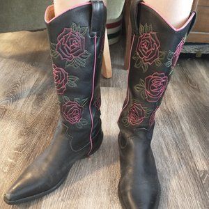 Adam's Boots Women's Leather Cowboy Boots Real Genuine Floral Pink